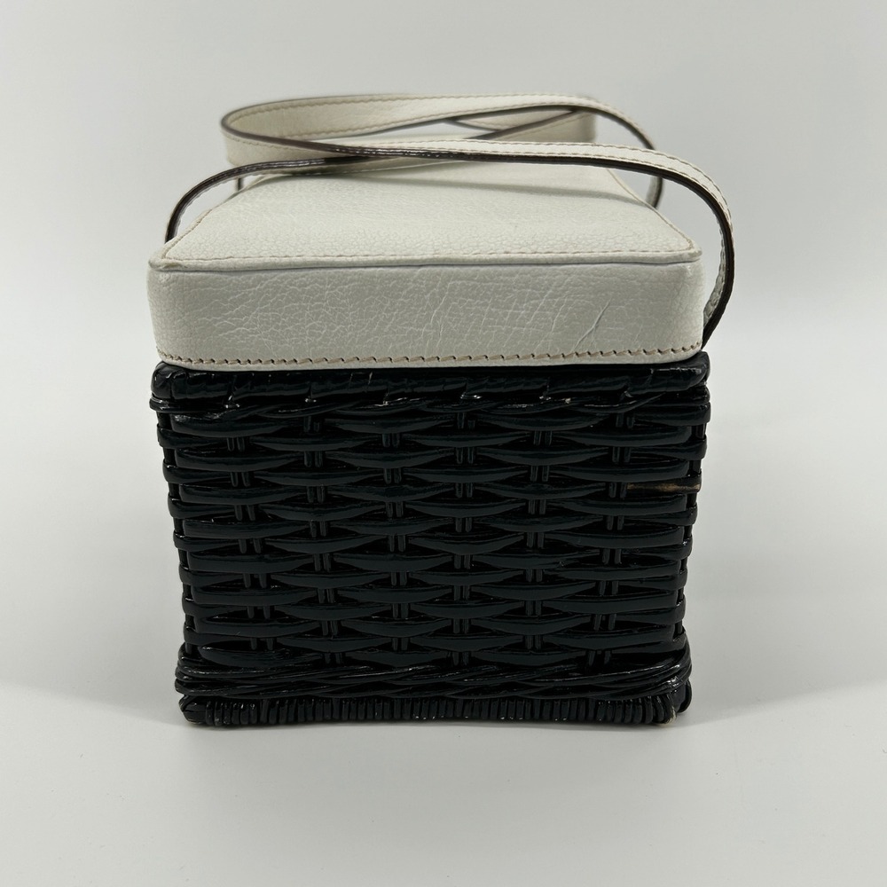 Vintage Kate Spade New York Black Wicker Basket White Leather Bag Polka Dot - Picture 14 of 16